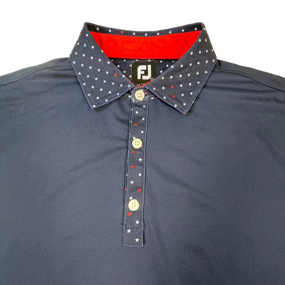 FootJoy Patriotic Stars Print Lisle Self Collar Golf Polo Shirt Blue Red Men Lg